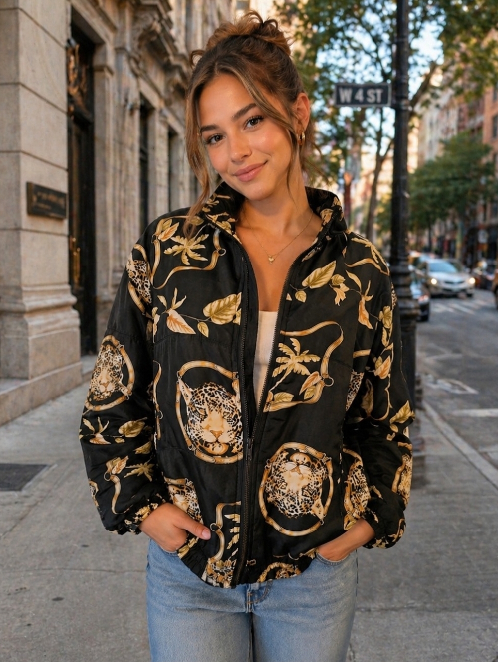 Stunt Vintage Size Small Oversized Silk Zip Leopard Print Jacket Versace Vibes